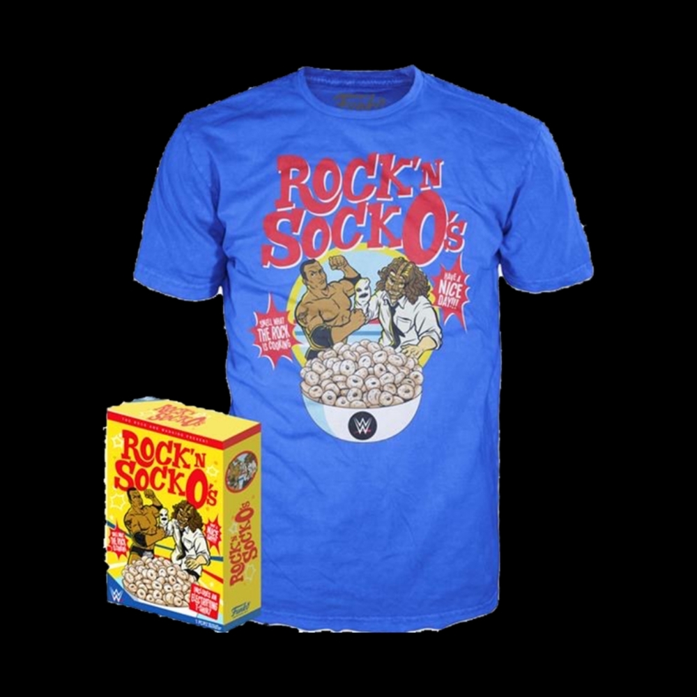 NEW Funko POP WWE ROCK'N SOCKO's Cereal T-Shirt XL Mankind/The Rock